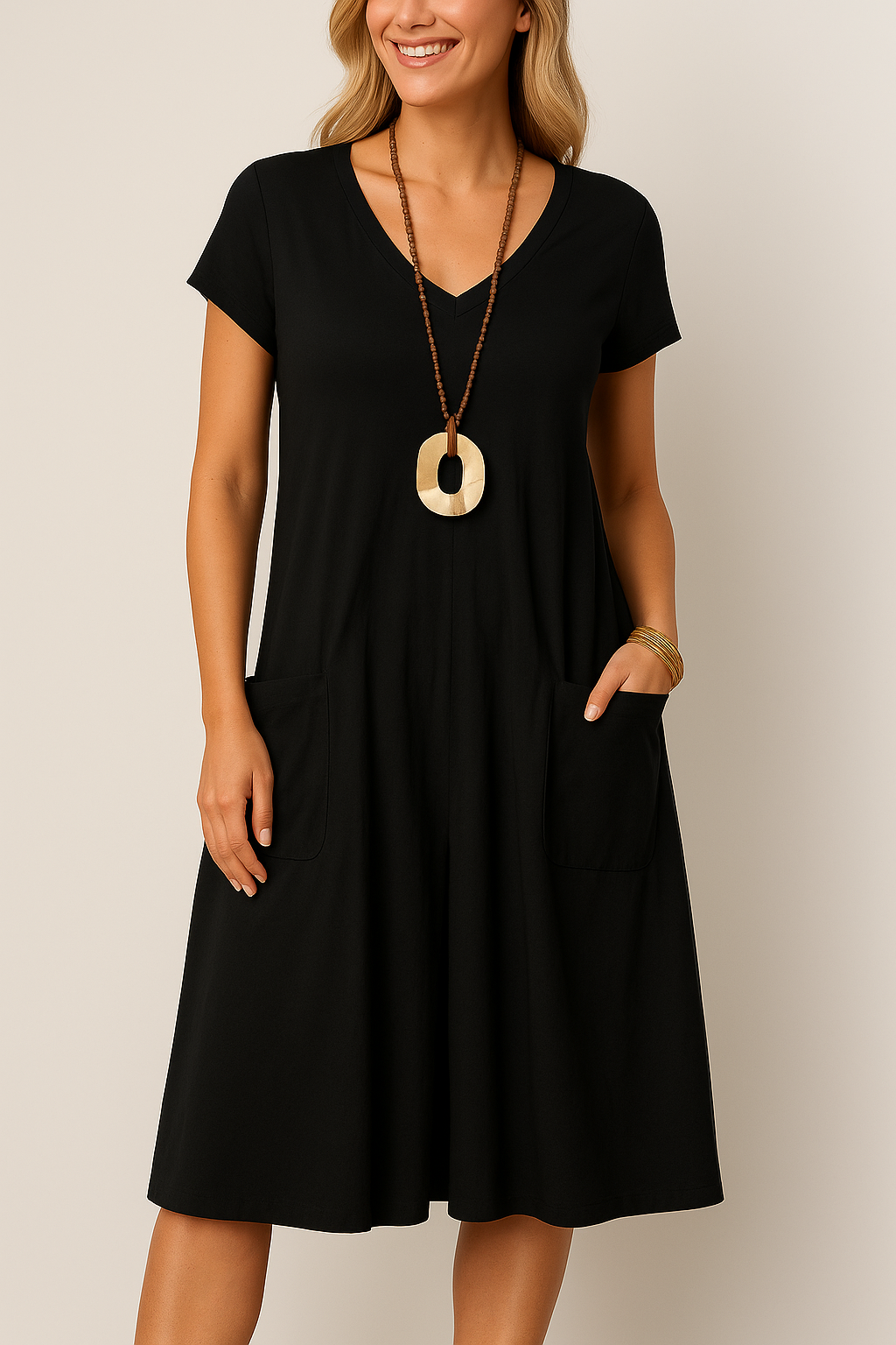 Luchtige V-hals Jurk met Zakken