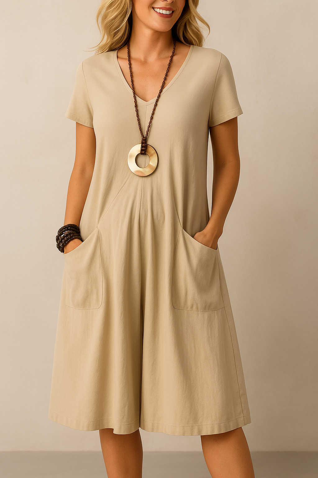 Luchtige V-hals Jurk met Zakken
